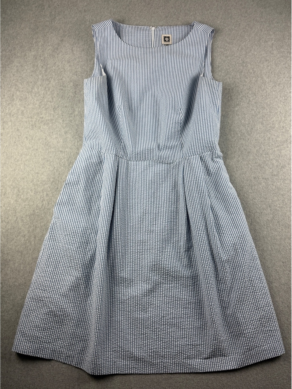 Anne Klein Seersucker Fit & Flare Dress 10 Blue White Striped Pleated Preppy